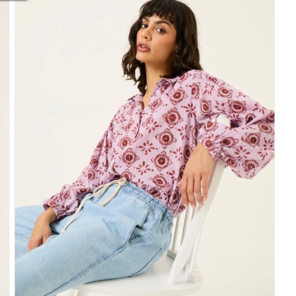 Fat Face Tops - FatFace Ebby Heather Purple Tile Patch Geo 100% Cotton Blouse Size Small